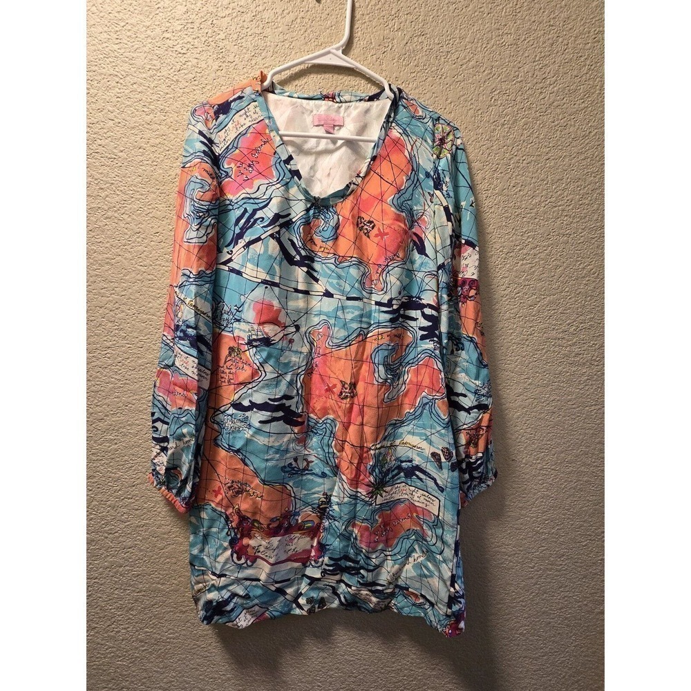 Lilly Pulitzer X Marks The Spot Map Silk Tunic Shirt Dress Size 2